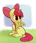  amber_eyes apple_bloom_(mlp) bow cub equine female feral friendship_is_magic grass hair horn mammal my_little_pony postscripting red_hair sitting solo winged_unicorn wings young 