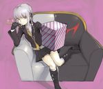  braid couch danganronpa danganronpa_1 gift kirigiri_kyouko lavender_hair long_hair magnifying_glass monokuma necktie nuda purple_eyes purple_hair ribbon single_braid sitting solo 