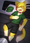  anthro bedding blanket blonde_hair blush clothing cub domestic_cat felid feline felis fur hair hoodie kake0078 lying male mammal on_back open_mouth pillow shorts sleeping solo yellow_fur young 