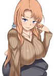  blue_eyes breasts brown_hair highres huge_breasts jewelry komusou_(jinrikisha) long_hair mole mole_on_body necklace older original ribbed_sweater ring simple_background sitting smile solo sweater white_background 