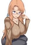  blue_eyes breasts brown_hair glasses highres huge_breasts jewelry komusou_(jinrikisha) long_hair mole mole_on_body necklace older original ribbed_sweater ring simple_background sitting smile solo sweater white_background 