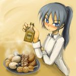  annotation_request black_hair blue_eyes blush bottle daikon dish egg food ganmodoki konnyaku_(food) long_hair meat oden original ponytail seaweed shirt skewer solo steam table tokito_(star) 