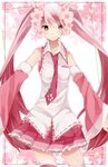  detached_sleeves flower hair_flower hair_ornament hatsune_miku hizu_(kurohistuji) long_hair necktie pink_eyes pink_hair sakura_miku skirt smile solo thighhighs twintails very_long_hair vocaloid 