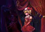  ascot blonde_hair cross crossed_arms curtains dark different_reflection dnatkbb evil evil_grin evil_smile flandre_scarlet grin hair_ribbon hands_together hat mirror red_eyes reflection ribbon side_ponytail skirt skirt_set smile touhou wings 