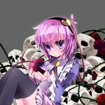  :o black_legwear blouse fingernails flower frills grey_background headband heart kayama_benio knees_up komeiji_satori long_sleeves looking_at_viewer pink_eyes pink_hair red_flower red_rose rose short_hair sitting skirt skull solo thighhighs third_eye thorns touhou wide_sleeves 