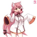  1girl akashi_(azur_lane) akashi_(azur_lane)_(cosplay) akashi_(kantai_collection) alternate_costume animal_ears artist_logo azur_lane black_bow blush bow breasts cat_ears cat_tail choker cosplay cowboy_shot dated dress green_eyes hair_between_eyes hair_ribbon highres kanon_(kurogane_knights) kantai_collection large_breasts long_hair long_sleeves looking_at_viewer namesake open_mouth pink_hair ribbon ribbon_choker sailor_dress screwdriver signature simple_background sleeves_past_fingers sleeves_past_wrists solo tail tail_ribbon tress_ribbon white_background white_dress 