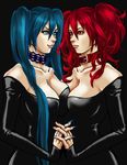  bare_shoulders black_dress breast_press breasts choker cleavage collar dress green_eyes green_hair himezono_reiko himezono_riruka interlocked_fingers large_breasts lips long_hair miso-234 multiple_girls nail_polish red_eyes red_hair siblings sisters strapless strapless_dress symmetrical_docking twins twintails very_long_hair zombie-ya_reiko 
