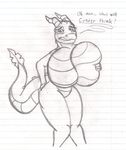  big_breasts bipedal black_and_white blush breast_grab breast_squeeze breasts closed_legs crossgender dialog dragon-heart embarrassed female front_view full-length_portrait grope huge_breasts hyper hyper_breasts line_art lined_paper looking_at_self monochrome pencil_(art) sketch solo spyro spyro_the_dragon squish standing text traditional_media transgender video_games worried 