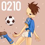  ashita_(liquid_berry_revolution) ass ass_focus bad_id bad_pixiv_id ball black_eyes brown_hair fudou_akio inazuma_eleven inazuma_eleven_(series) inazuma_japan male_focus mohawk short_shorts shorts smile soccer_ball soccer_uniform sportswear telstar 