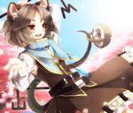  animal_ears bad_id bad_pixiv_id basket belt blue_sky capelet cherry_blossoms day dowsing_rod gem grey_hair jewelry long_sleeves mouse mouse_ears mouse_tail nazrin necklace open_mouth pendant red_eyes sayuma shirt skirt skirt_set sky smile solo tail tail_hold touhou tree 