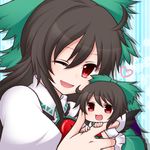  ahoge bad_id bad_nicoseiga_id black_hair blush bow cape chibi dual_persona hair_bow heart long_hair mother_and_daughter multiple_girls one_eye_closed open_mouth red_eyes reiuji_utsuho shiohachi skirt smile third_eye touhou wings 