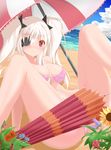  absurdres arm_support bad_id bad_pixiv_id beach bikini breasts closed_umbrella eyepatch flower hair_ribbon highres medium_breasts neguse2525 parasol red_eyes ribbon senran_kagura senran_kagura_shoujo-tachi_no_shin'ei solo spread_legs swimsuit twintails umbrella white_hair yagyuu_(senran_kagura) 