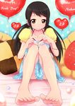  balloon barefoot bed birthday black_hair brown_eyes dress feet heart highres idolmaster idolmaster_cinderella_girls legs long_hair nakano_yuka pillow shinkai_kiiro sitting solo toes twintails 