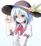  &gt;:) 40cabbage alternate_hair_length alternate_hairstyle ascot blue_hair frog hat hinanawi_tenshi red_eyes short_hair smile solo squeezing touhou upper_body v-shaped_eyebrows 