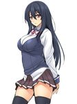  black_hair black_legwear breasts large_breasts long_hair mikemono_yuu original pleated_skirt purple_eyes school_uniform simple_background skirt solo thighhighs thighs white_background zettai_ryouiki 