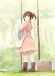  alternate_costume alternate_hairstyle asahikawa_hiyori boots clothesline dress forest grass kino kino_no_tabi looking_back nature outdoors ponytail ribbon solo 