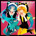  blonde_hair boots hatsune_miku kagamine_rin kunoichi_demo_koi_ga_shitai_(vocaloid) long_hair md5_mismatch multiple_girls pantyhose short_hair sitting twintails very_long_hair vocaloid yellow_eyes yuucho_(cololal) 