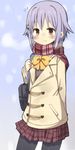  :3 amaa_(chou_dennou_jidai) bag black_legwear blush breath brown_eyes hair_ornament hairclip idolmaster idolmaster_cinderella_girls koshimizu_sachiko looking_at_viewer pantyhose purple_hair scarf school_bag short_hair skirt smile solo 