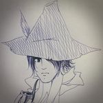  cosplay feathers hat inaba_koshi male_focus monochrome moomin pipe sanie714 sketch snufkin snufkin_(cosplay) solo 