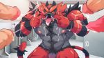  2019 anthro ashendawger bathroom black_fur body_hair chest_hair claws cum cum_in_mouth cum_inside cum_on_chest detailed_background ejaculation erection felid feline front_view fur humanoid_penis incineroar looking_at_viewer looking_pleasured male male/male mammal multicolored_fur muscular muscular_male navel nintendo nipples open_mouth penis pok&eacute;mon pok&eacute;mon_(species) red_fur saliva solo solo_focus standing stripes tongue video_games 
