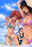  bikini blue_eyes braid breasts brown_hair cleavage cloud day glasses long_hair medium_breasts multiple_girls navel ocean one-piece_swimsuit one_eye_closed original outdoors purple_eyes purple_hair red_eyes red_hair saitani_umetarou short_hair side-tie_bikini sky swimsuit twin_braids water 