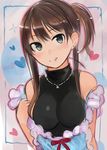  :q alternate_hairstyle apron breasts brown_hair earrings green_eyes idolmaster idolmaster_cinderella_girls jewelry long_hair medium_breasts necklace nerotarou@seven ponytail shibuya_rin smile solo tongue tongue_out turtleneck 