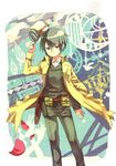  abstract_background belt coat fur_hat goggles goggles_on_headwear green_eyes grey_hair hat holster horuwami kino kino_no_tabi petals pouch reverse_trap short_hair solo 