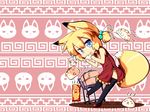  animal_ears black_legwear blonde_hair blue_eyes chibi china_dress chinese_clothes dress dumpling eating food fox_ears fox_tail hair_bobbles hair_ornament highres inada_(masu_shu) jiaozi masu_shu original short_hair short_twintails side_slit solo tail thighhighs twintails 