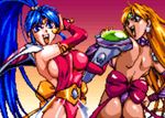  90s ass blonde_hair blue_hair breasts choujin_gakuen_gowcaizer game hishizaki_shaia large_breasts oobari_masami rosary sideboob snk spandex technos technos_japan_corp voltage_fighter_gowcaizer 