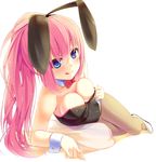  animal_ears blue_eyes bow bowtie breasts bunny_ears bunnysuit cleavage cushion detached_collar fake_animal_ears long_hair lying medium_breasts on_side original pantyhose peragura pink_hair ponytail solo tongue tongue_out wrist_cuffs 