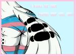  anthro butt ecchi english_text hi_res invalid_tag legwear panties pin sex shot solo stockings stripes text underwear unknown_artist unknown_species up 