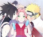  2boys :3 black_eyes black_hair blonde_hair blue_eyes blush feeding food green_eyes haruno_sakura leaning multiple_boys naruto naruto_(series) naruto_shippuuden pink_hair popsicle short_hair smile tsunekawa_niwasuke uchiha_sasuke uzumaki_naruto 