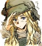  80s alien_(movie) aliens bad_id bad_pixiv_id blonde_hair blue_eyes child colonial_marine dirty helmet kakubayashi_tsuyoshi long_hair looking_at_viewer lowres military newt_(aliens) oldschool salute science_fiction soldier 