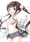  1girl :d bandaid bandaids_on_nipples bangs breasts brown_hair camouflage collarbone commentary_request cowboy_shot eyebrows_visible_through_hair fingernails flower gochuumon_wa_usagi_desu_ka? green_eyes grey_shorts hair_flower hair_ornament hair_ribbon hand_up jacket large_breasts long_hair long_sleeves neki_(wakiko) off_shoulder open_clothes open_jacket open_mouth pasties pink_ribbon ribbon short_shorts shorts simple_background sleeves_past_wrists smile solo twintails twitter_username ujimatsu_chiya very_long_hair w white_background white_flower white_jacket 