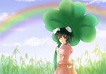  animal_ears black_hair blouse blue_sky bunny_ears bunny_tail cloud clover day four-leaf_clover grass inaba_tewi looking_at_viewer looking_back open_mouth outdoors oversized_object puffy_short_sleeves puffy_sleeves rainbow red_eyes sheeg short_hair short_sleeves skirt sky solo tail touhou 