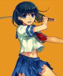  1girl black_hair blue_eyes katana midriff navel school_uniform serafuku siren siren_2 solo sword twintails weapon yagura_ichiko yuzukan02 