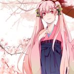  bad_id bad_pixiv_id blue_hakama cherry_blossoms flower hair_flower hair_ornament hair_ribbon hakama hatsune_miku japanese_clothes kimono long_hair meiji_schoolgirl_uniform pink_eyes pink_hair ribbon sakura_miku solo tobari_(senatoiso) twintails very_long_hair vocaloid 