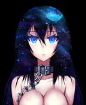  1girl bdsm black_background blue_eyes blue_hair breasts chains cleavage collar collarbone expressionless full_moon long_hair moon original samael_(5211) shoulders simple_background slave solo space star stars 
