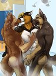  anthro back back_turned ball_fondling ball_grab balls biceps black_nose blonde_hair blue_eyes brown_fur butt butt_grab canine chest_grab claws doberman dog eclipsewolf eyes_closed fangs fur gay german_shepherd grey_eyes grin gripping grope group group_sex hair holding kissing licking locker_room lockers male mammal muscles nipples nude pec_grasp pecs sex sheath shower smile standing steam tan_fur teeth threesome toned tongue tongue_out water watermark wet white_fur 