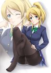  ;) ayase_eli black_legwear blazer blonde_hair blue_eyes crossed_legs crotch_seam feet fuuma_nagi jacket legs long_hair love_live! love_live!_school_idol_project md5_mismatch no_shoes one_eye_closed otonokizaka_school_uniform panties panties_under_pantyhose pantyhose ponytail school_uniform sitting smile thighband_pantyhose thighs underwear wings zoom_layer 