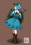  backpack bag blue_eyes blue_hair boots cross-laced_footwear hair_bobbles hair_ornament hat highres kawashiro_nitori long_sleeves looking_afar maruhachi_(maruhachi_record) shirt skirt skirt_set solo touhou two_side_up wrench 
