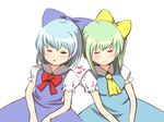  :o ascot blue_hair bow cirno daiyousei dress green_hair hair_bow hands_on_lap head_to_head heart leaning_on_person multiple_girls puchiyuyoyo puffy_short_sleeves puffy_sleeves short_hair short_sleeves side_ponytail simple_background sleeping smile touhou white_background 