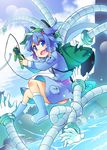  backpack bag blue_eyes blue_hair boots controller game_controller hair_bobbles hair_ornament hat kawashiro_nitori long_sleeves mechanical_arm open_mouth rubber_boots shirt skirt solo toto_nemigi touhou two_side_up water 