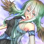  breasts green_eyes green_hair head_wings long_hair medium_breasts open_mouth original shintani_tsushiya solo wings 