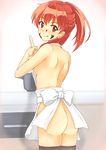  1girl :q apron ass blush breasts chocolate indoors looking_at_viewer naked_apron ocha_(ochappie) ponytail red_eyes red_hair sasami-san@ganbaranai sideboob solo thighhighs tongue tongue_out yagami_tsurugi 