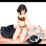  absurdres bad_id bad_pixiv_id barefoot black_hair blush bra breasts embarrassed hat hat_removed headwear_removed highres letterboxed medium_breasts panties red_eyes s-syogo short_hair sitting skirt skirt_removed solo tears touhou underwear underwear_only usami_renko wariza 