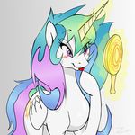  equine female feral friendship_is_magic glowing hair hand_mirror horn horse mammal messy_hair mirror multi-colored_hair my_little_pony pony princess princess_celestia_(mlp) purple_eyes royalty solo winged_unicorn wings zev 