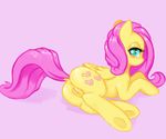  blue_eyes butt cutie_mark equine female feral fluttershy_(mlp) friendship_is_magic hikxie horse justpony looking_at_viewer lying mammal my_little_pony nude on_side pegasus plain_background pony presenting presenting_hindquarters pussy solo wings 