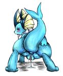  blue_body butt eeveelution female looking_back nintendo plain_background pok&#233;mon pok&eacute;mon presenting presenting_hindquarters purple_eyes pussy pussy_juice solo tranquilmyst vaporeon video_games white_background 