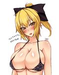  bad_id bad_pixiv_id bikini blonde_hair blush breasts cleavage collarbone hair_rings head_tilt kurodani_yamame large_breasts looking_at_viewer micro_bikini older open_mouth ponytail short_hair silk simple_background sketch solo sorono spider_web swimsuit touhou upper_body white_background 